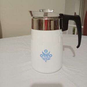 Corningware White and Silver Coffee Percolator/ Pot with Corn Flower Blue Design